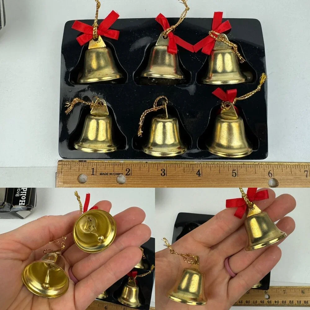 2 Vtg Pkgs Christmas Gold‎ Brass Tone Bells Jingle w Red Ribbon w Orig Box READ